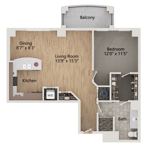 Floor plan for 1 bed, 1 bath, 855 sqft